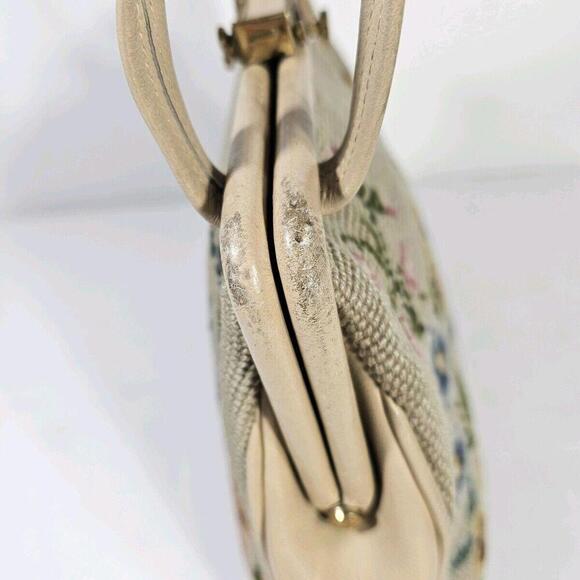 Vintage 1950's Mid Century Needlepoint Floral Purse Handbag Pocket Beige - Picture 8 of 13
